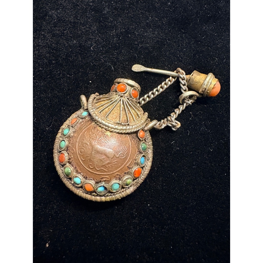 Antique Tibetan Bottle Mixed Metal Turquoise Coral Inlay with Spoon 16.6g